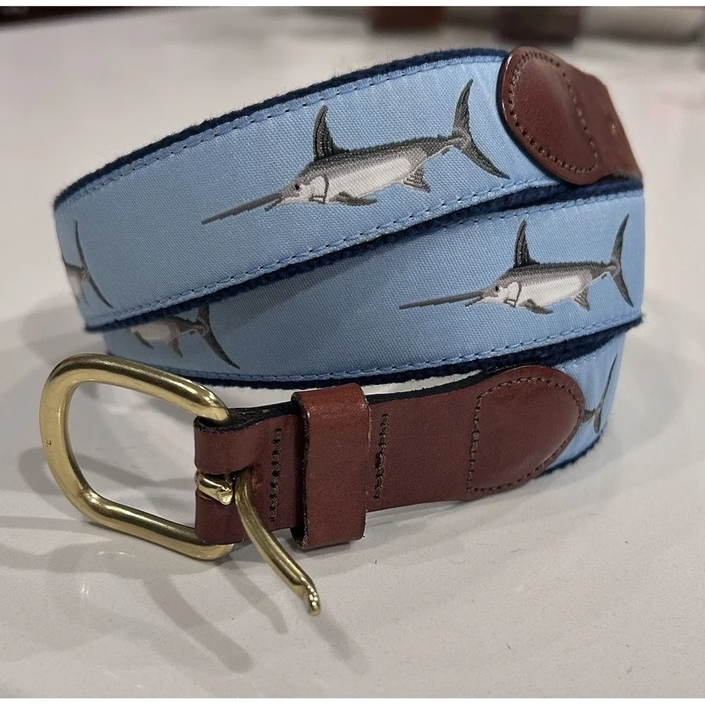 Leather Man LTD Belt Sword Fish Size 38 Blue Hand Made Essex CT Webbed Brass